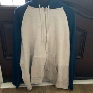zip up sweater white with blue sleeves and hood size XL